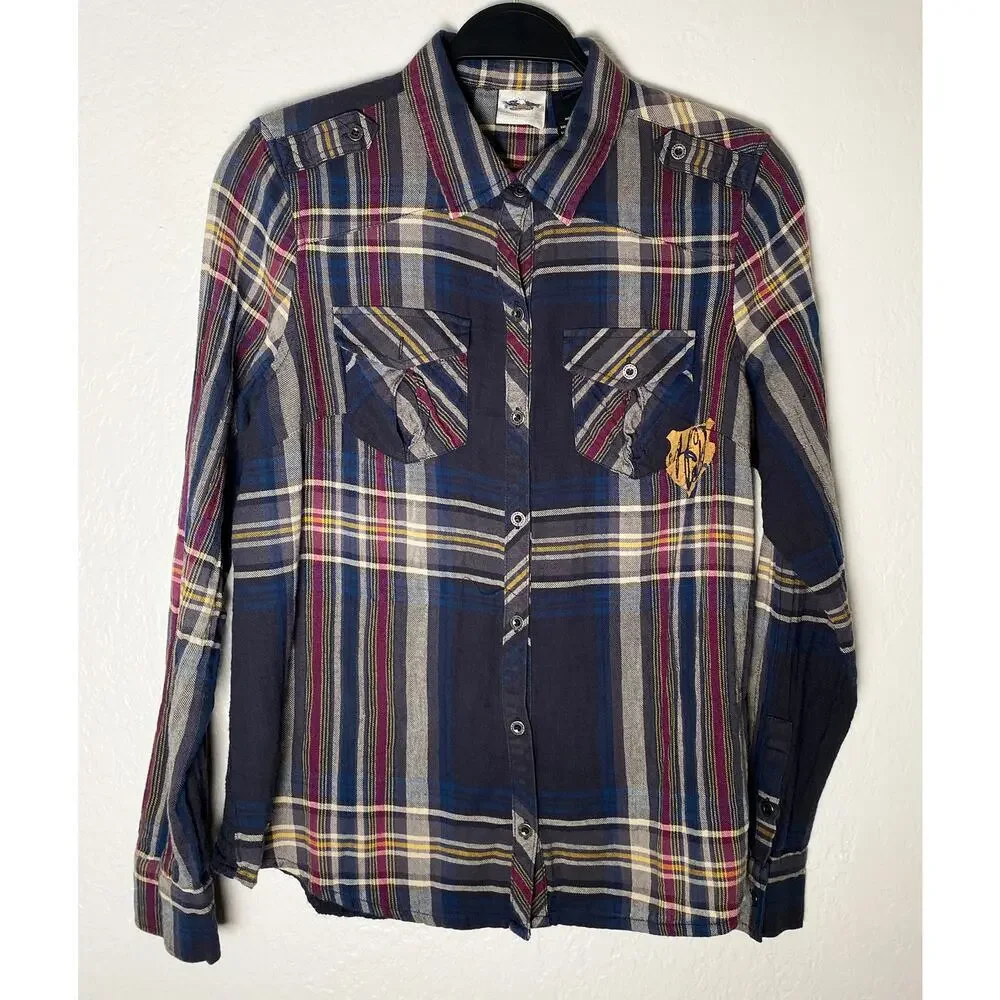 Harley Davidson Womens Blue Plaid Cotton Gauzy Long Sleeve Button Up Shirt Biker